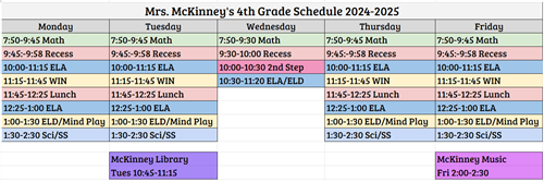 Mrs. McKinney's 4th Grade Schedule